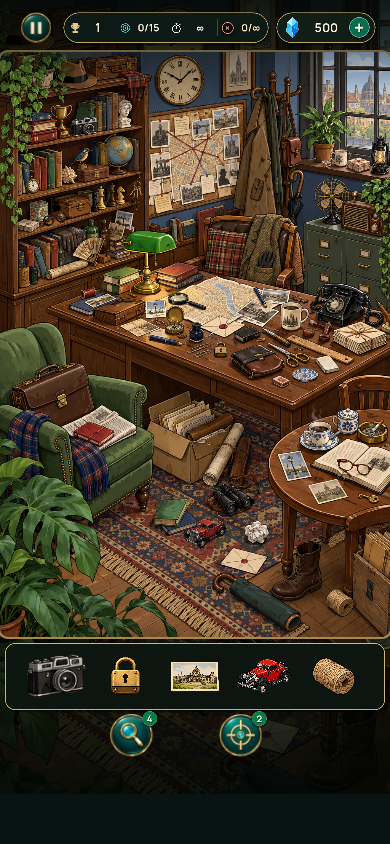 A real game screen: the detective’s office with a list of objects to find