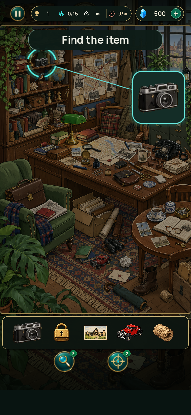 A hint reveals the search area in a game scene