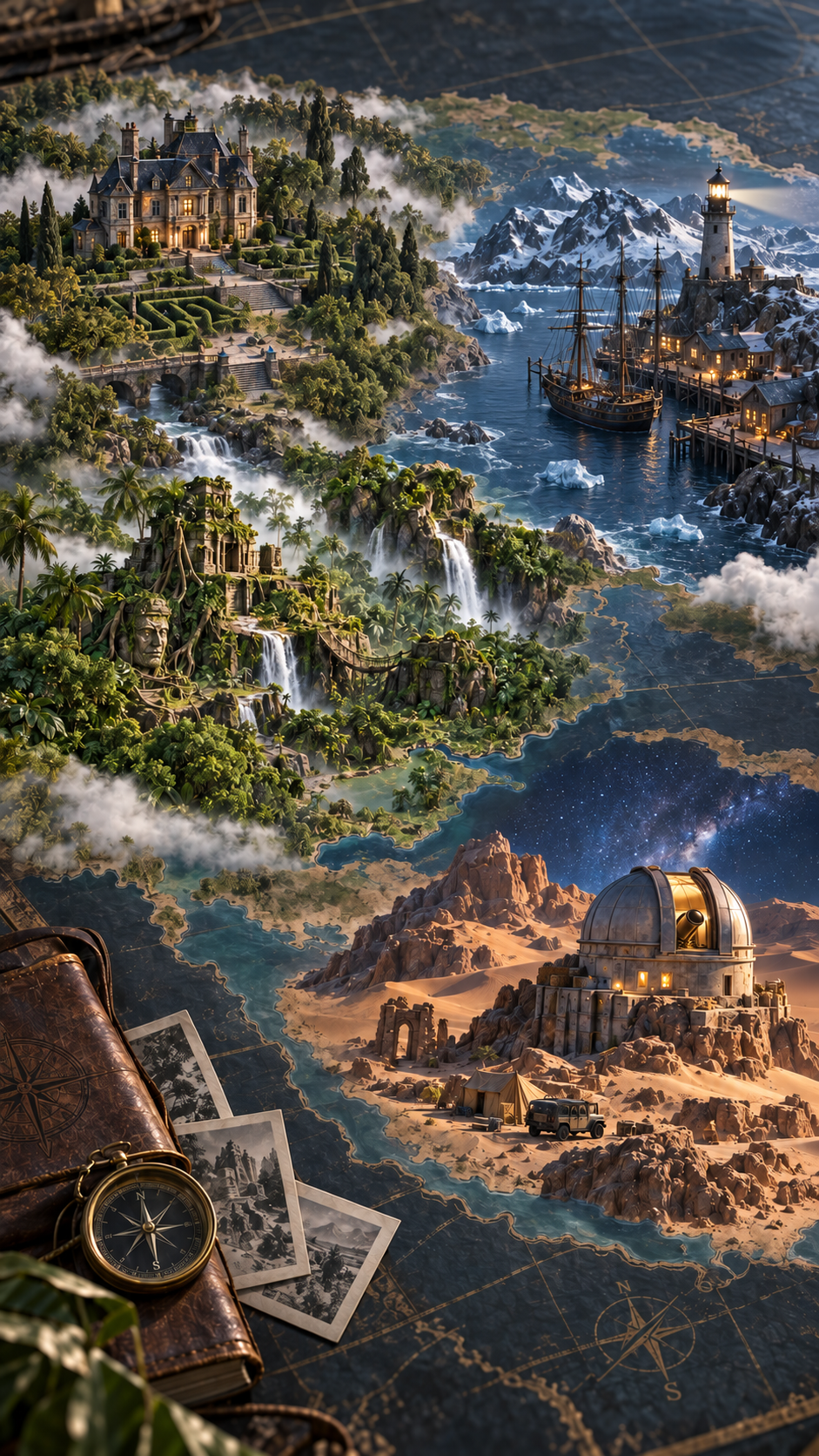 Adventure map: a path through jungle, waterfalls, sea and mountains